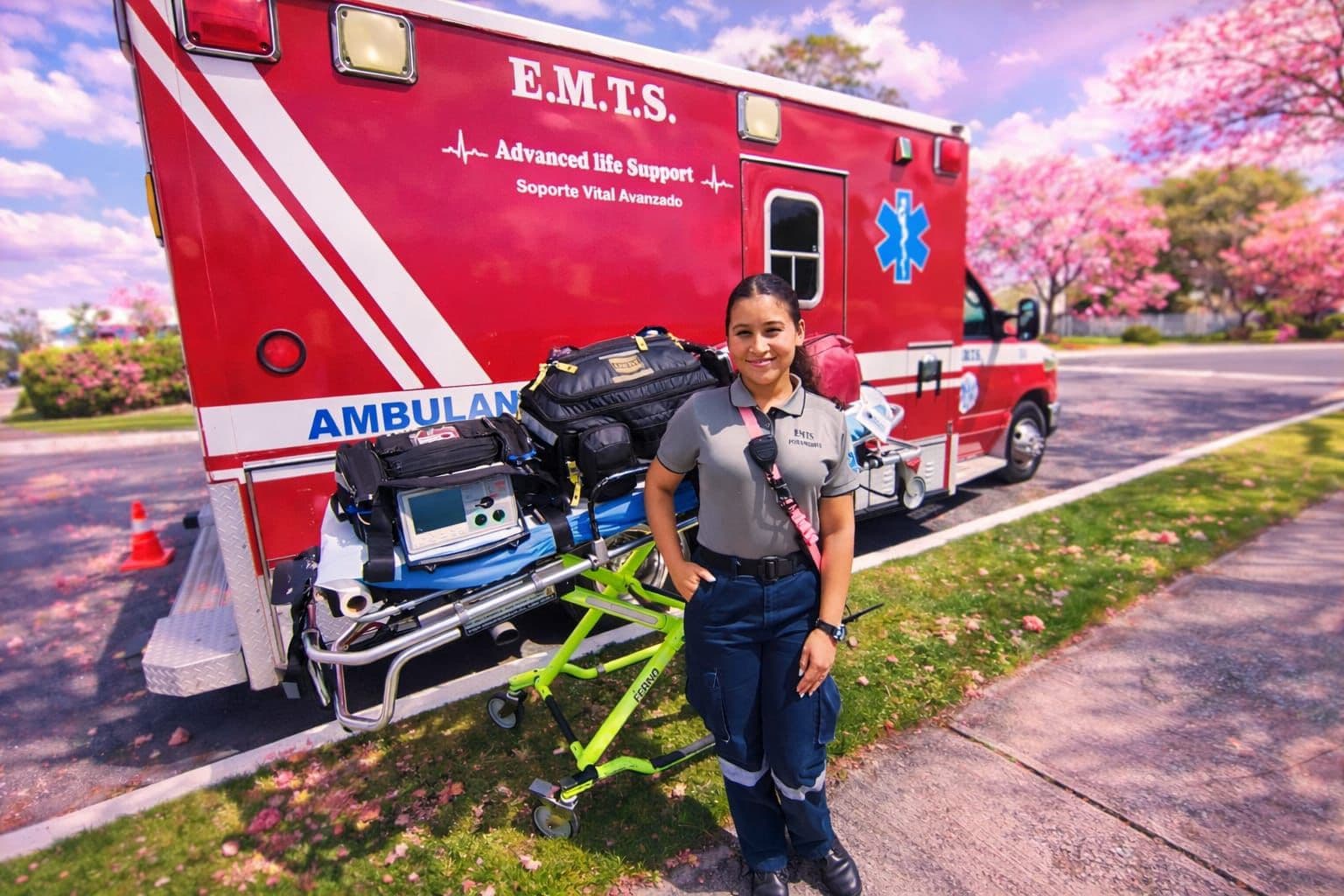 An EMTS paramedic with a stretcher, cardiac monitor, and advanced life support bags